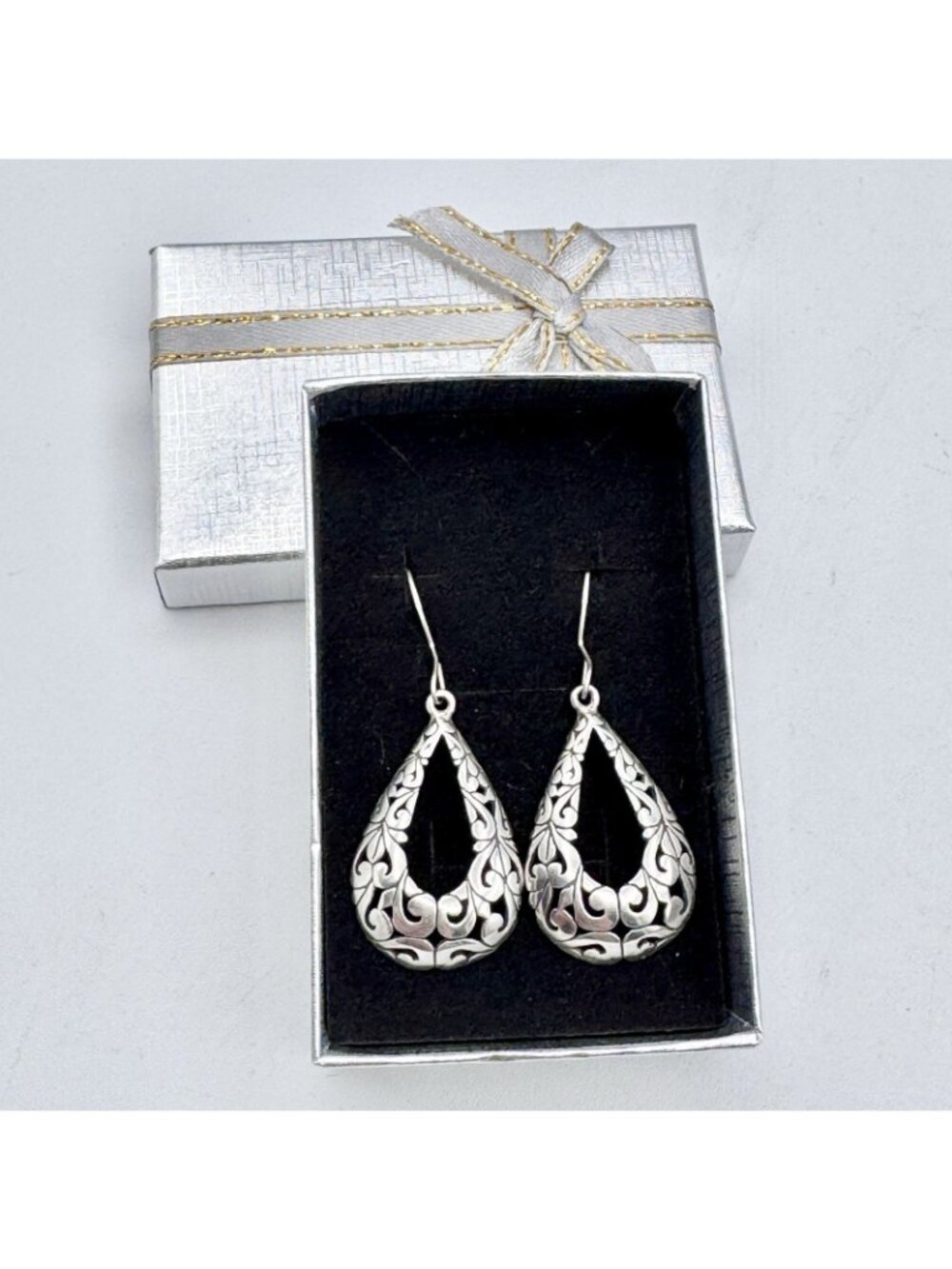 Vintage Filigree Sterling Silver Earrings Dangle Teardrop Art Nouveau Jezlaine - Picture 10 of 10